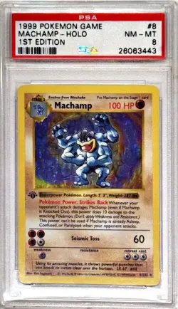 1999 Pokemon Base Set Shadowless 1st Edition Holo Machamp #8 PSA 8 NM-MT - Image 1