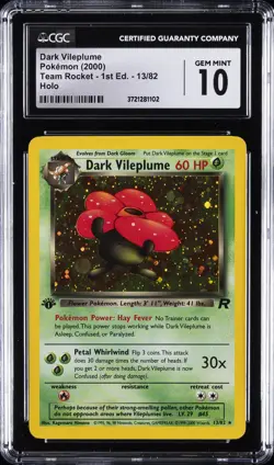 2000 POKEMON TEAM ROCKET - 1ST ED - HOLO #13/82 DARK VILEPLUME CGC 10 GEM MINT - Image 1