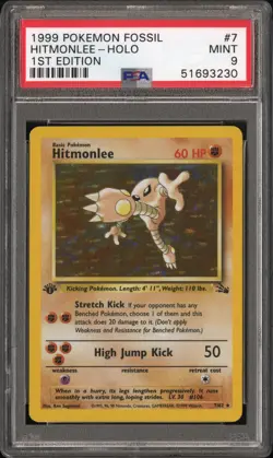 1999 POKEMON FOSSIL 1ST ED #7 HITMONLEE-HOLO PSA 9 - Image 1