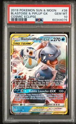 2019 POKEMON SUN & MOON COSMIC ECLIPSE #38 BLASTOISE & PIPLUP GX PSA 10 - Image 1