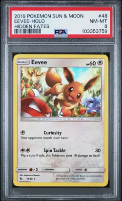 2019 POKEMON SUN & MOON HIDDEN FATES #48 EEVEE-HOLO PSA 8 - Image 1