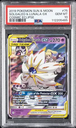 2019 POKEMON SUN & MOON COSMIC ECLIPSE #75 SOLGALEO & LUNALA GX PSA 10 - Image 1