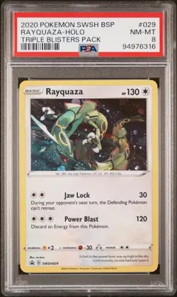PSA 8 RAYQUAZA HOLO SWSH029 2020 POKEMON SWSH REBEL CLASH TRIPLE BLISTER PROMO - Image 1