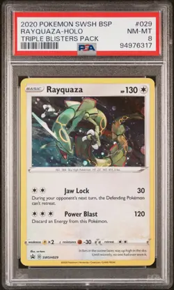 PSA 8 RAYQUAZA HOLO SWSH029 2020 POKEMON SWSH REBEL CLASH TRIPLE BLISTER PROMO - Image 2