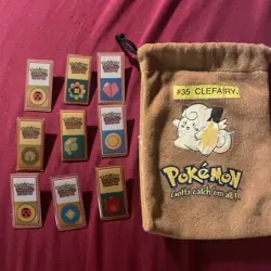 Pokemon League TCG Metal Trainer Badges Pins Lot Kanto Johto 9pins & Bag - Image 1