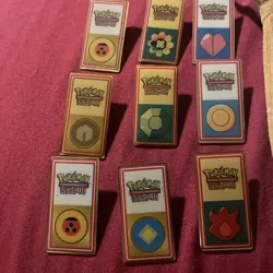 Pokemon League TCG Metal Trainer Badges Pins Lot Kanto Johto 9pins & Bag - Image 2