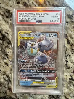 2019 POKEMON SUN & MOON COSMIC ECLIPSE #38 BLASTOISE & PIPLUP GX PSA 10 - Image 1