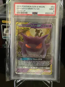 PSA 9 Gengar & Mimikyu GX #53 Pokemon 2019 Sun & Moon Team Up - Image 1