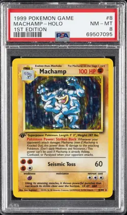 1999 POKEMON GAME 1ST ED #8 MACHAMP-HOLO PSA 8 - Image 1