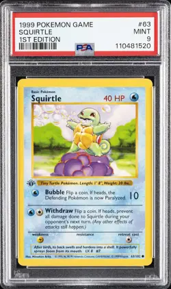 1999 POKEMON BASE SET 1ST EDITION #63 SQUIRTLE PSA 9 - Image 1
