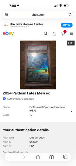 2024 POKEMON PAF EN-PALDEAN FATES SPECIAL ILLUSTRATION RARE #232 MEW EX PSA 10 - Image 3