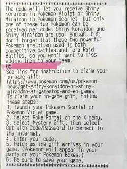 Pokemon Shiny Koraidon or Shiny Miraidon Gamestop Receipt Code Unused - Image 1