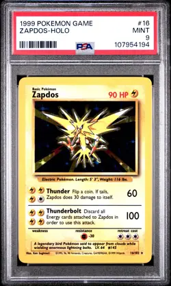 1999 POKEMON BASE SET UNLIMITED #16 ZAPDOS-HOLO PSA 9 - Image 1