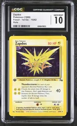 CGC 10 GEM MINT Zapdos 1999 Fossil 1st Edition 15/62 Holo Pokemon Card - Image 1