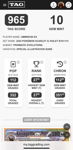 2025 Pokemon UMBREON EX 161/131 SIR Prismatic Evolutions - TAG 10 (965/1000) PSA - Image 4