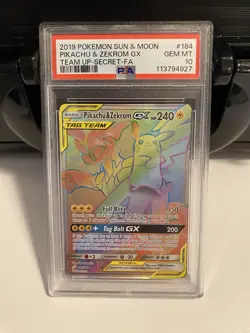 Pikachu Zekrom Gx Secret Rare Psa 10 2019 Pokemon Team Up Tag Team #184 Full Art - Image 1