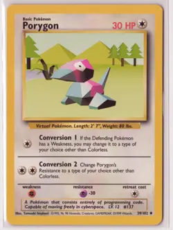 Vintage Pokemon Card TCG Base Set Unlimited Porygon 39/102 Uncommon - Image 1