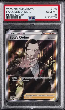 2020 POKEMON SWORD & SHIELD REBEL CLASH #189 FULL ART/BOSS'S ORDERS PSA 10 - Image 1