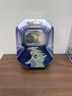 Pokemon TCG 2024 Tyranitar Metal Tin with 3 Foil Cards 3 Booster Packs - Image 1