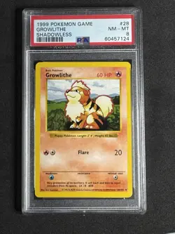 1999 Pokemon Base Set Shadowless Growlithe Card #28 PSA 8 Pokemon Catch Em All - Image 1