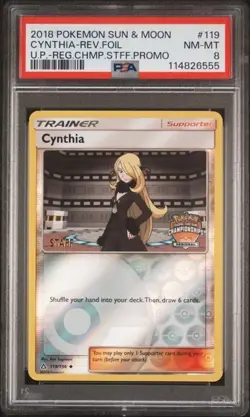 2018 Pokemon SM Cynthia Rev. Foil Regional Championships STAFF #119 PSA 8 - Image 1