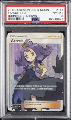 2017 POKEMON SUN & MOON BURNING SHADOWS #142 FULL ART/ACEROLA PSA 8 - Image 1