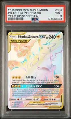 PSA 9 PIKACHU & ZEKROM GX 184 TEAM UP SECRET RAINBOW RARE SUN & MOON POKEMON - Image 1