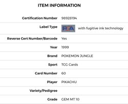 1999 POKEMON JUNGLE 60 PIKACHU GEM MT 10 - Image 5