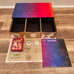 Pokemon Sword & Shield Charizard UPC Empty Box w/ Gold Coin,Sleeves,Dice etc. - Image 2