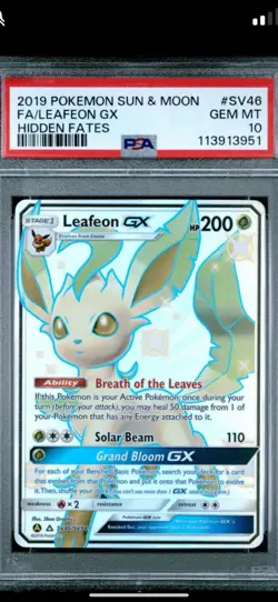 2019 POKEMON SUN & MOON HIDDEN FATES #SV46 FA/LEAFEON GX HIDDEN FATES PSA 10 GEM - Image 1