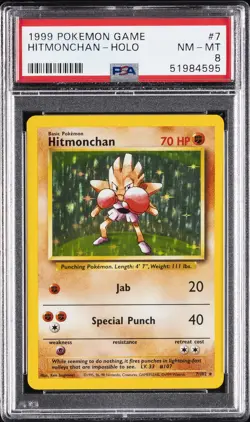 1999 POKEMON BASE SET UNLIMITED #7 HITMONCHAN-HOLO PSA 8 - Image 1