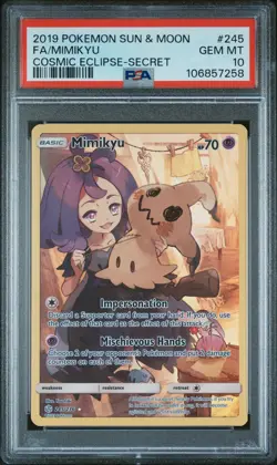 2019 POKEMON SUN & MOON COSMIC ECLIPSE SECRET #245 FULL ART/MIMIKYU PSA 10 - Image 1