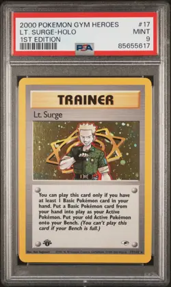 Pokemon 1st Edition Lt. Surge 017/132 PSA 9 Mint Gym Heroes Holo Trainer Vintage - Image 1