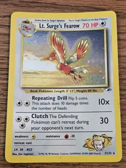 VINTAGE 2000 Pokemon Lt. Surge's Fearow Holo Rare 7/132 Gym Heroes WOTC TCG HP - Image 1