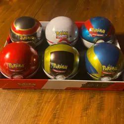 Set Of 6 Pokemon Pokeball Tins - SEALED WITH DISPLAY BOX. 18 Packs & 6 Coins. - Image 1