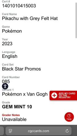 Pokemon Pikachu with Grey Felt Hat CGC 10 GM SVP 085 Promo Van Gogh Pokemon TCG - Image 2