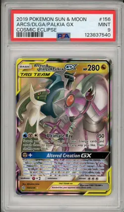 2019 Pokemon Sun & Moon Cosmic Eclipse Arceus Dialga Palkia GX #156 PSA 9 - Image 1