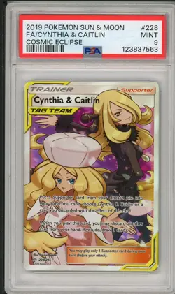 2019 Pokemon Sun & Moon Cosmic Eclipse Cynthia & Caitlin Full Art #228 PSA 9 - Image 1
