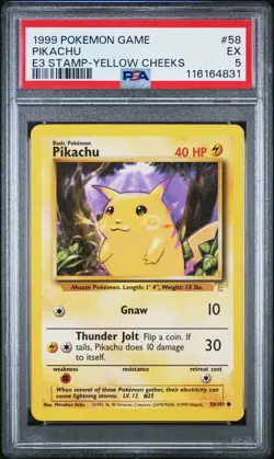 1999 POKEMON BASE SET UNLIMITED E3 STAMP-YELLOW CHEEKS #58 PIKACHU PSA 5 - Image 1