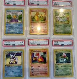 6x 1st edition Shadowless PSA Base Set Bulbasaur Charmander Squirtle PSA 5/6 - Image 1