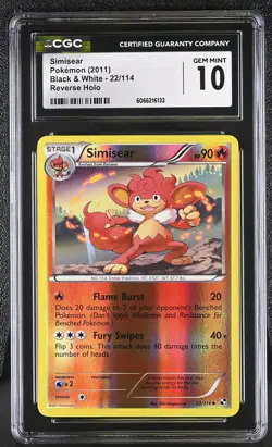 CGC 10 GEM MINT Simisear 2011 Black & White 22/114 Reverse Holo Pokemon Card - Image 1