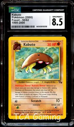 CGC 8.5 NM-MINT+ Kabuto 50/62 Fossil 1999-2000 (RED LOGO) Pokemon Card 208 - Image 1