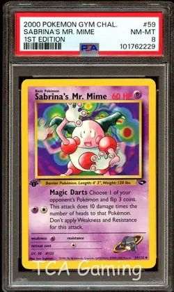 PSA 8 NM-MT Sabrina's Mr. Mime 59/132 1st Edition Gym Challenge Pokemon Card 229 - Image 1