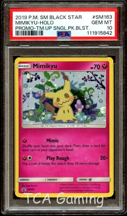 PSA 10 GEM MINT Mimikyu SM163 Great SWIRL Team Up HOLO PROMO Pokemon Card 842 - Image 1