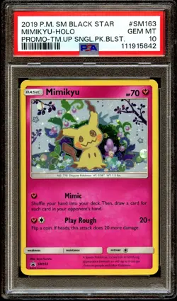 PSA 10 GEM MINT Mimikyu SM163 Great SWIRL Team Up HOLO PROMO Pokemon Card 842 - Image 2