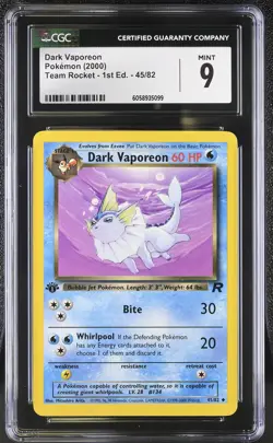 CGC 9 MINT Dark Vaporeon Team Rocket 1st Edition 45/82 Pokemon Card - Image 1