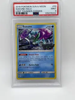 Pokemon Suicune 59/214 PSA 9 MINT Lost Thunder 2018 Cosmos Holo Stamped Promo - Image 1