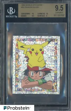 1999 Pokemon Merlin Stickers Prism #S2 Pikachu & Ash BGS 9.5 GEM MINT - Image 1