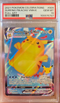 2021 POKEMON CELEBRATIONS #009 FULL ART/SURFING PIKACHU VMAX PSA 10 - Image 1