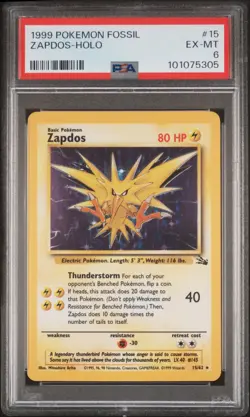 1999 POKEMON FOSSIL #15 ZAPDOS-HOLO PSA 6 - Image 1